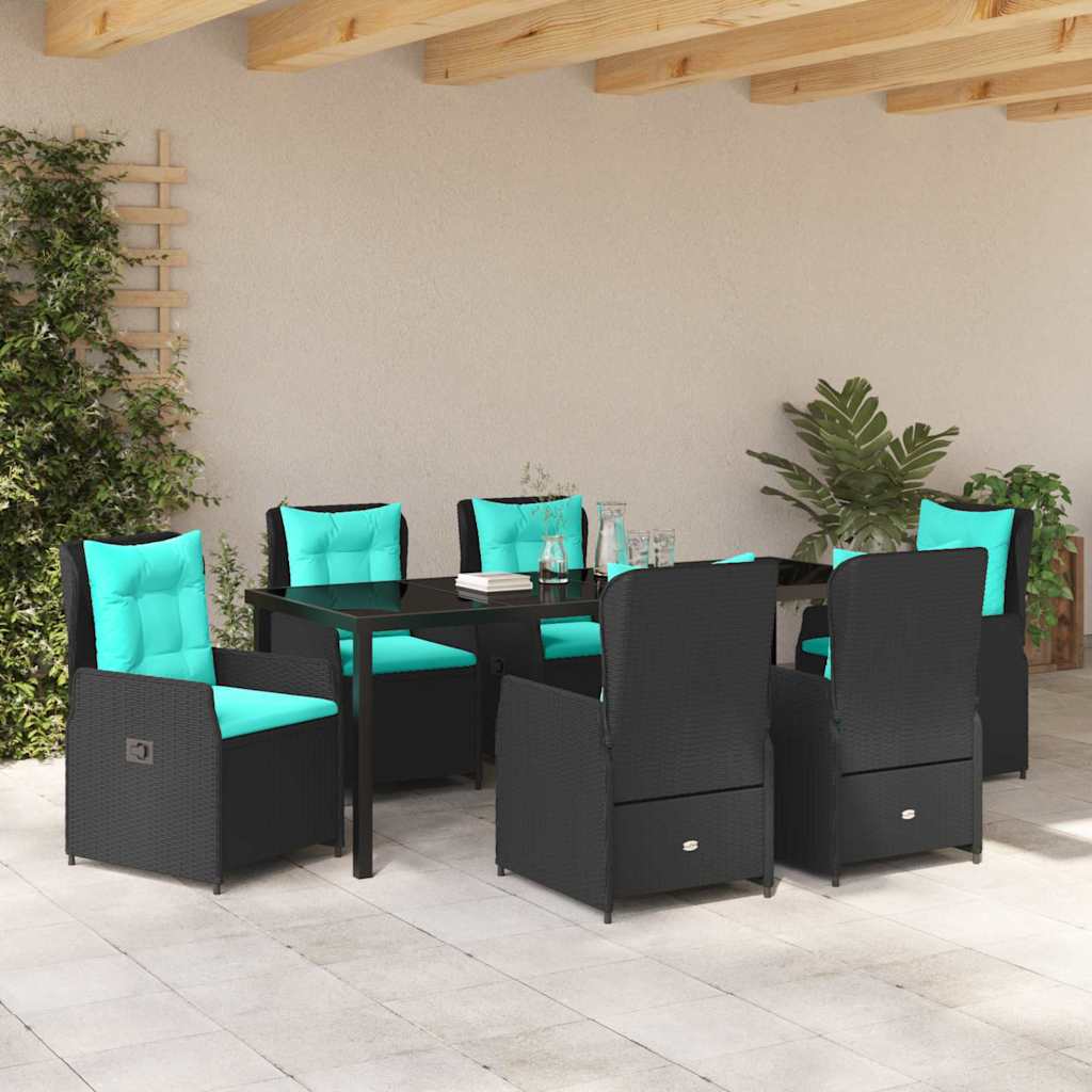 Set da Pranzo per Giardino con cuscino 7 pcs Nero Poly Rattan | homemem39