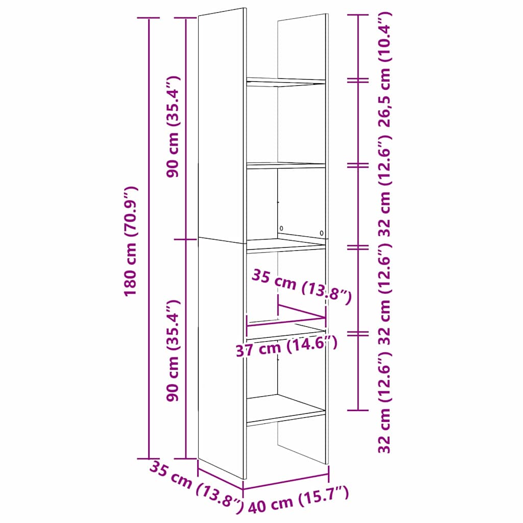 Armadio per Libri 5 livelli 40 x 35 x 180 cm Rovere artigianale | homemem39