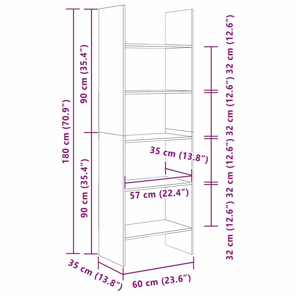 Armadio per Libri 5 livelli 60 x 35 x 180 cm Rovere artigianale | homemem39