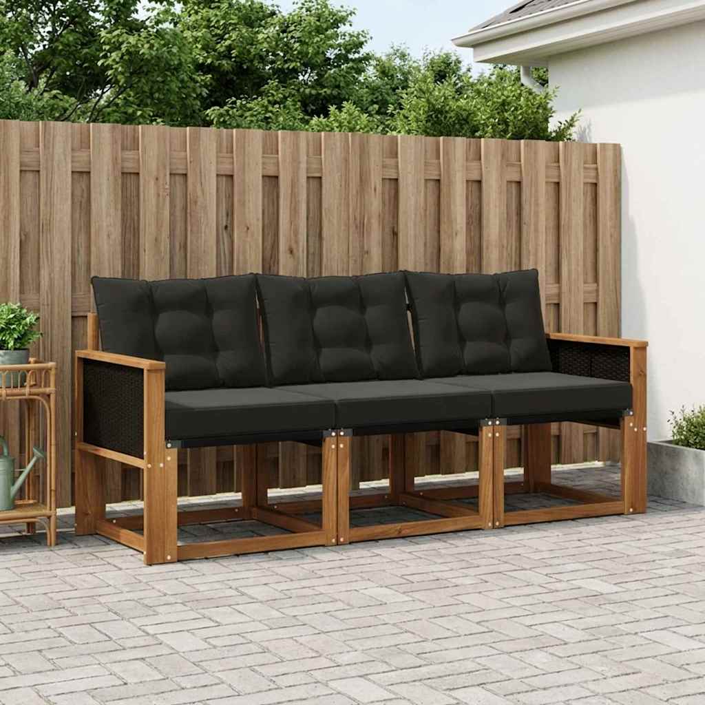 Set di divani da esterno con cuscino 3 pcs Naturale e Nero