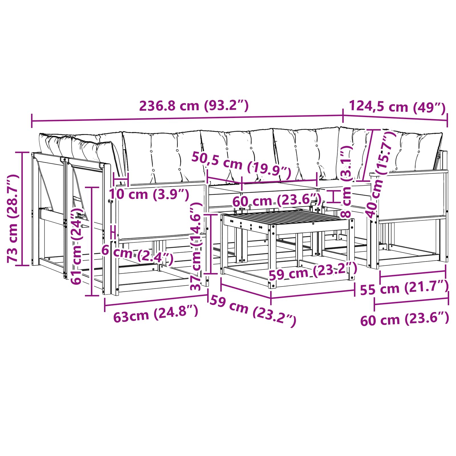 Set di divani da esterno con cuscino 7 pcs Naturale e Beige | homemem39