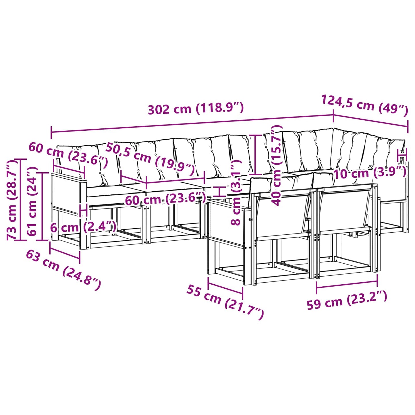 Set di divani da esterno con cuscino 8 pcs Naturale e Nero