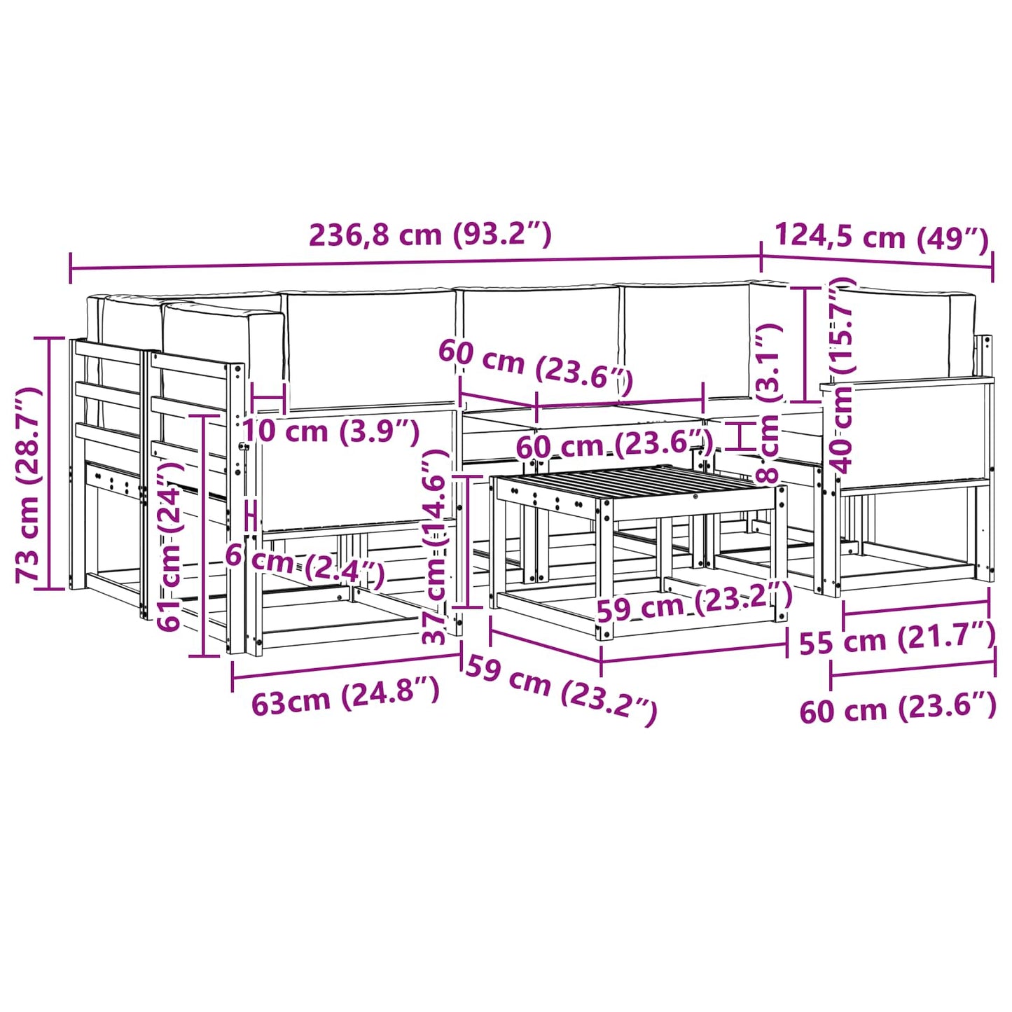 Set di divani da esterno con cuscino 5 pcs Naturale