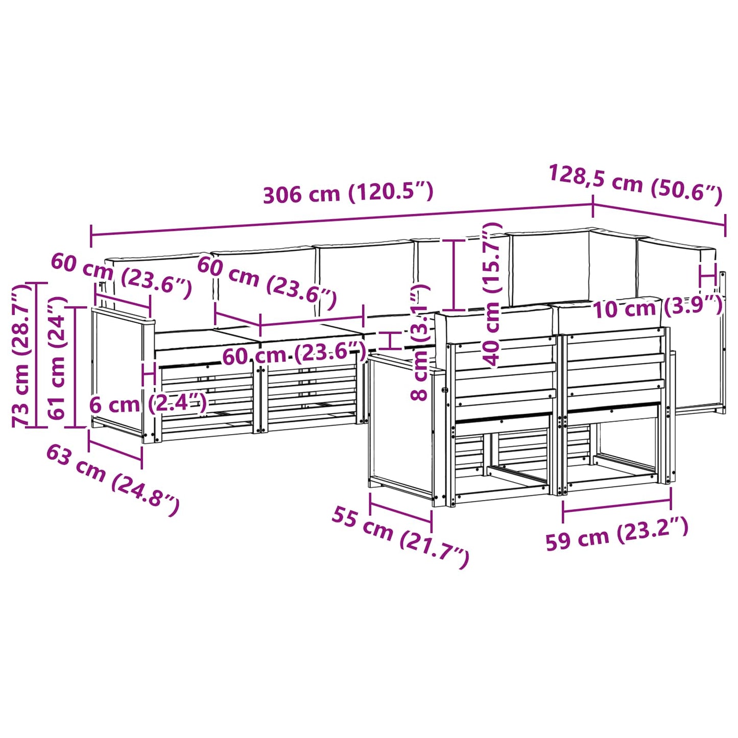 Set divani Legno di Acacia Massello