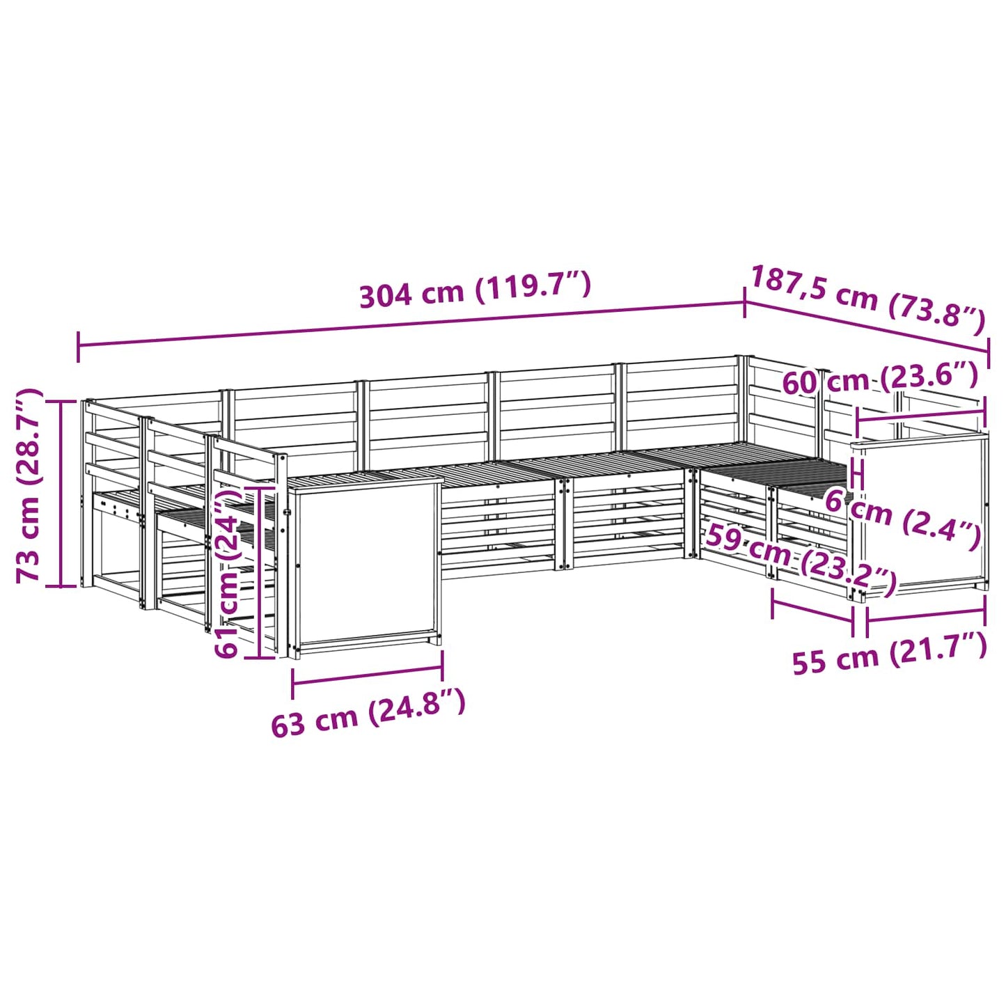 Set divano sezionale 7 pcs Naturale Legno di Acacia Massello