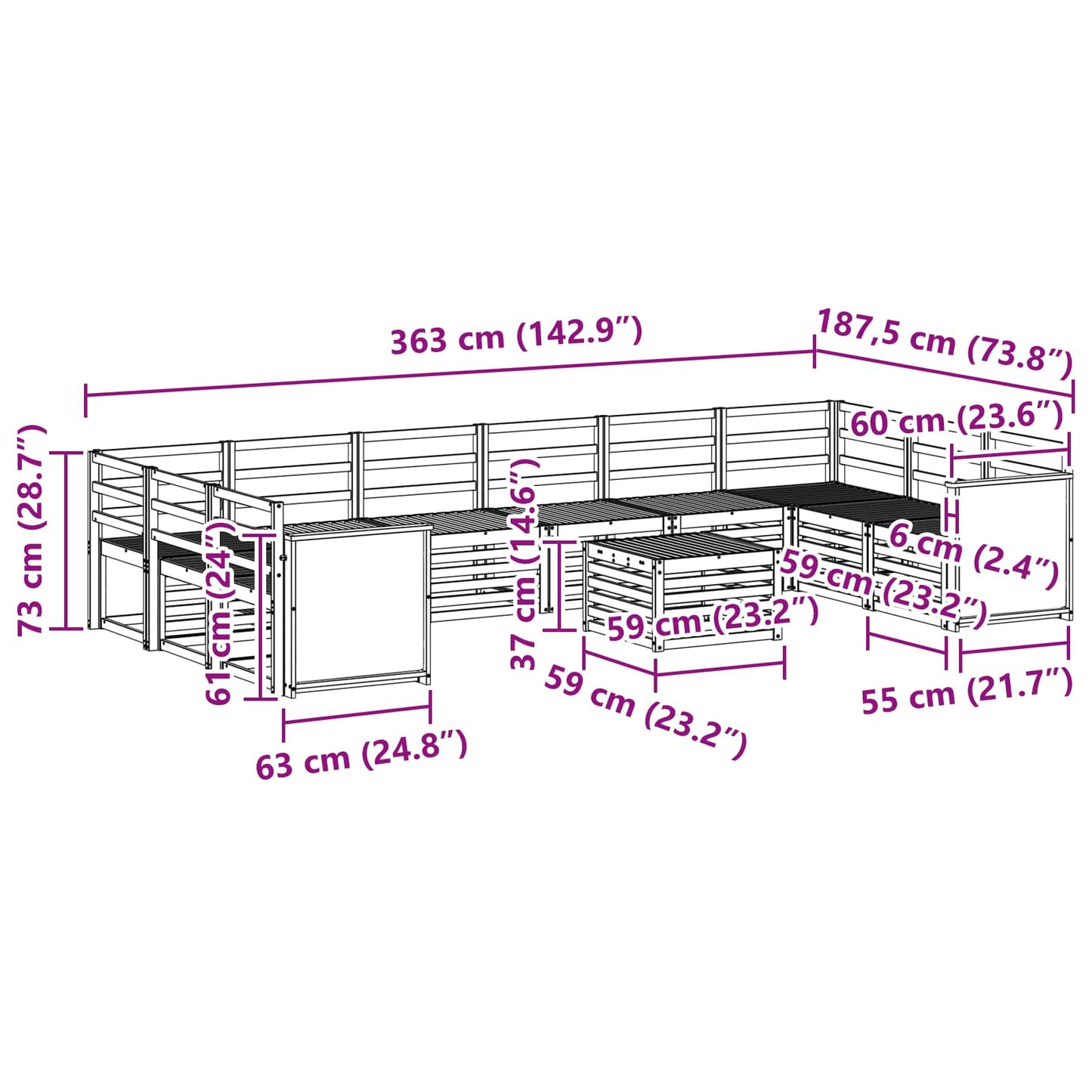 Set di divani da esterno 8 pcs Naturale