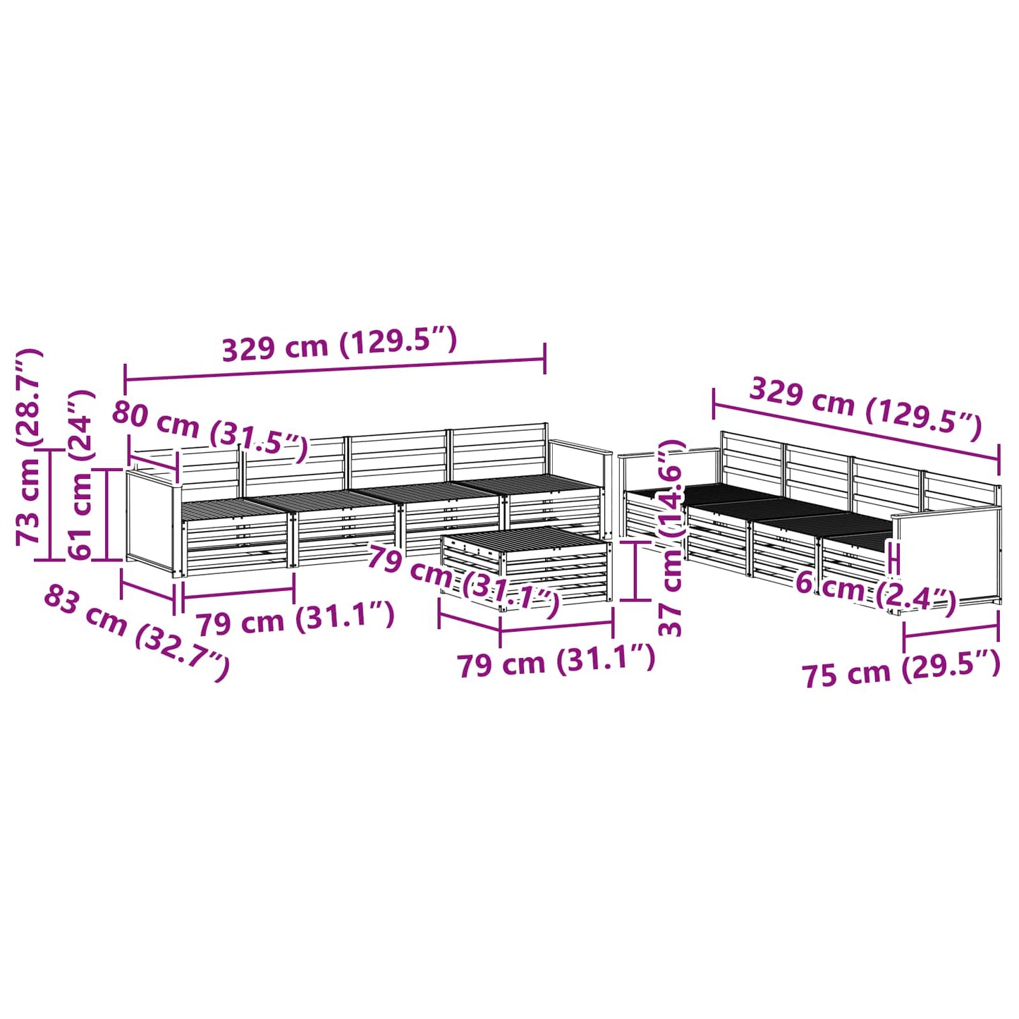 Set di divani da esterno 9 pcs Naturale