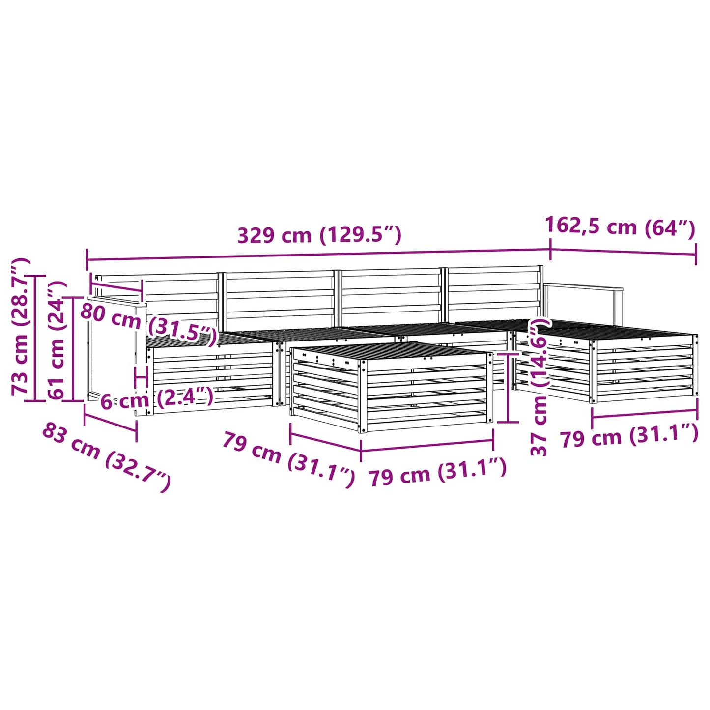 Set di divani da esterno 6 pcs Naturale 79 x 79 x 37 cm | homemem39