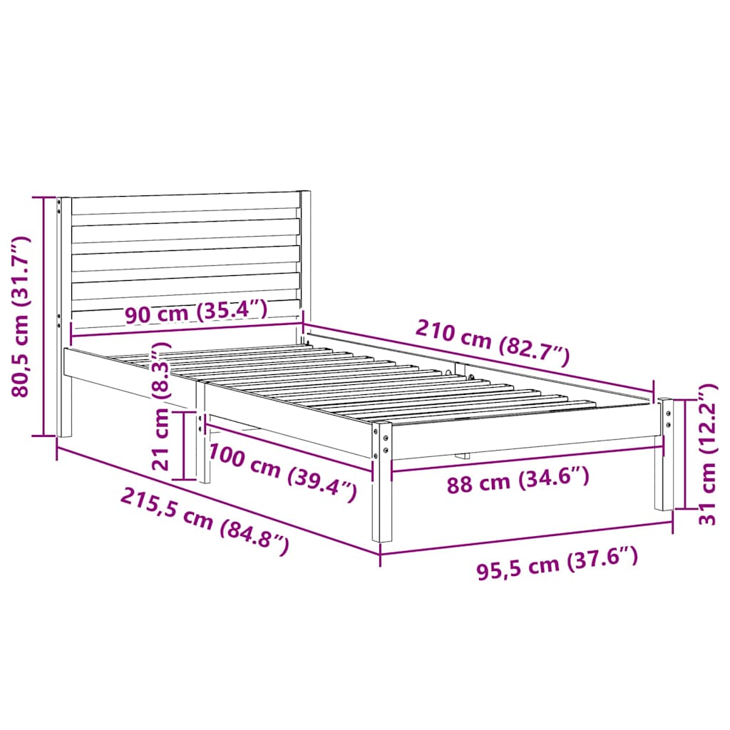 Struttura del letto Marrone cerato 90 x 210 cm Pino massello