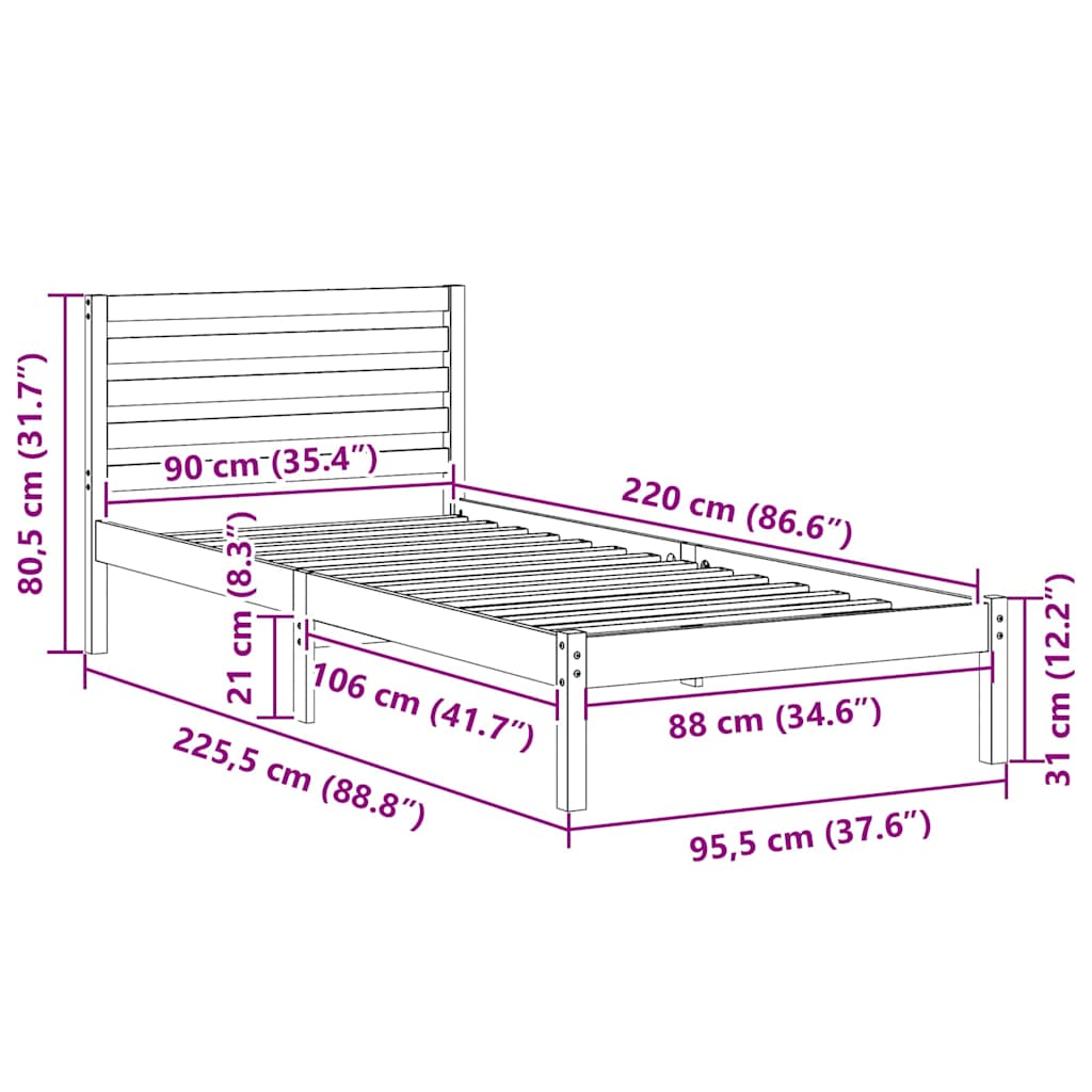 Struttura del letto Bianco 90 x 220 cm Pino massello | homemem39