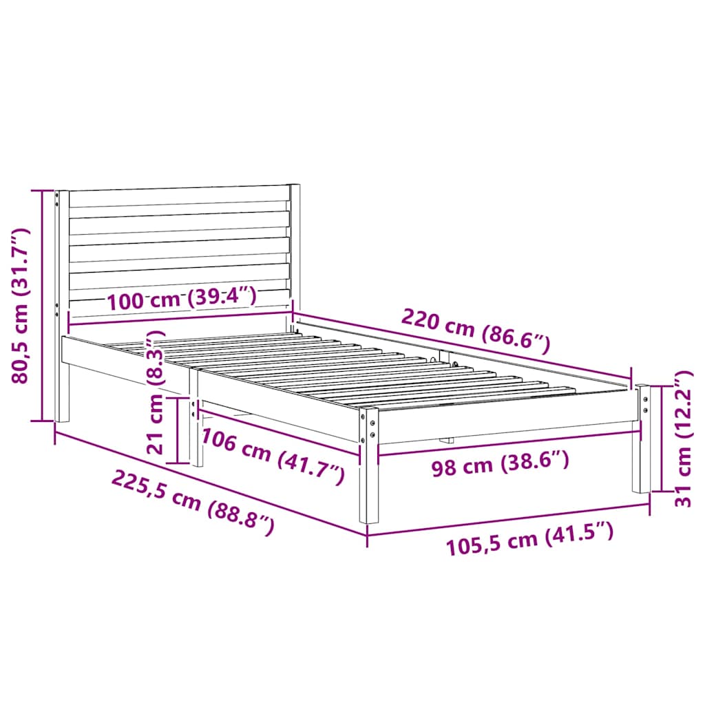 Struttura del letto Marrone 100 x 220 cm Pino massello | homemem39