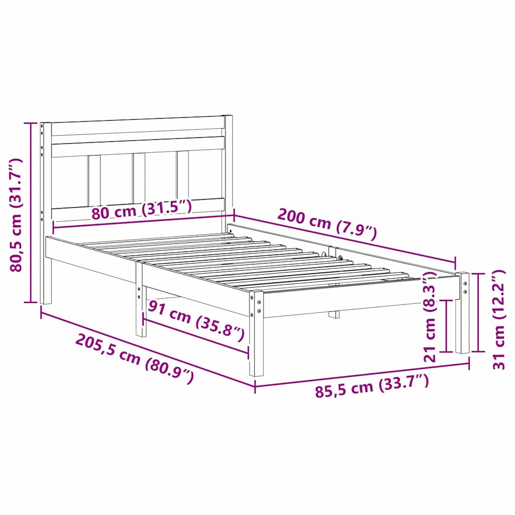 Struttura del letto Bianco 80 x 200 cm Pino massello | homemem39