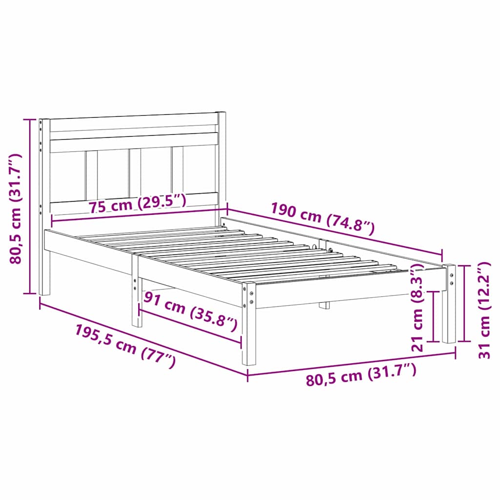 Struttura del letto Bianco 75 x 190 cm Pino massello | homemem39