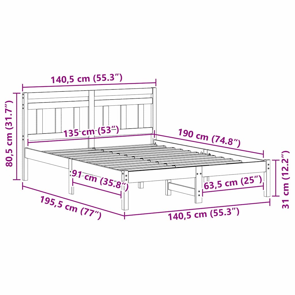 Struttura del letto Marrone 135 x 190 cm Pino massello | homemem39