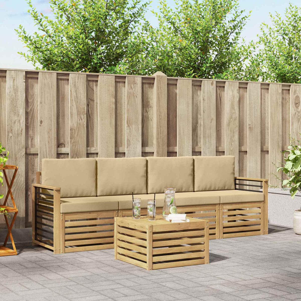 Set di divani da esterno 5 pz 4-Posti White and Beige Polyester | homemem39