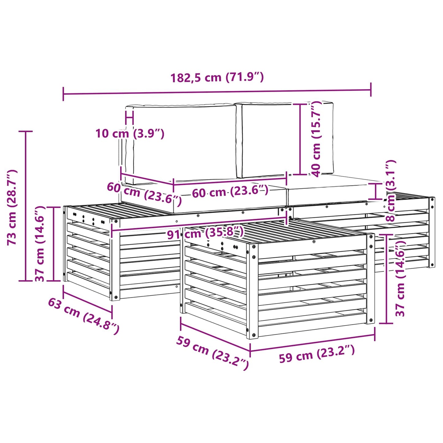 Set di divani da esterno Bianco 59 x 59 x 37 cm Poliestere | homemem39