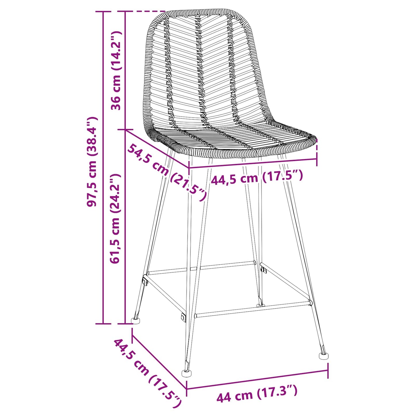 Sedia da Bar 2 pcs 44,5 x 54,5 x 97,5 cm Rattan e Ferro