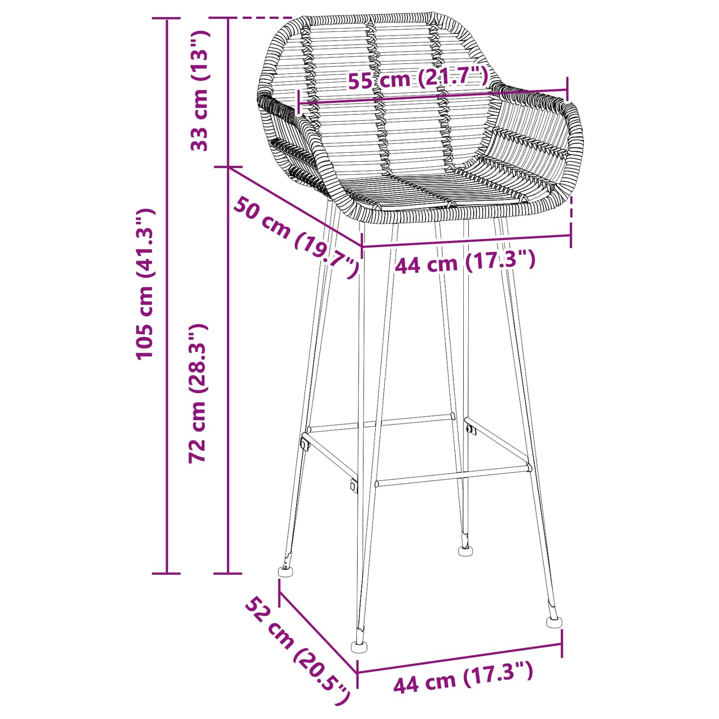 Sedia da Bar 2 pcs 55 x 52 x 105 cm Rattan e Ferro