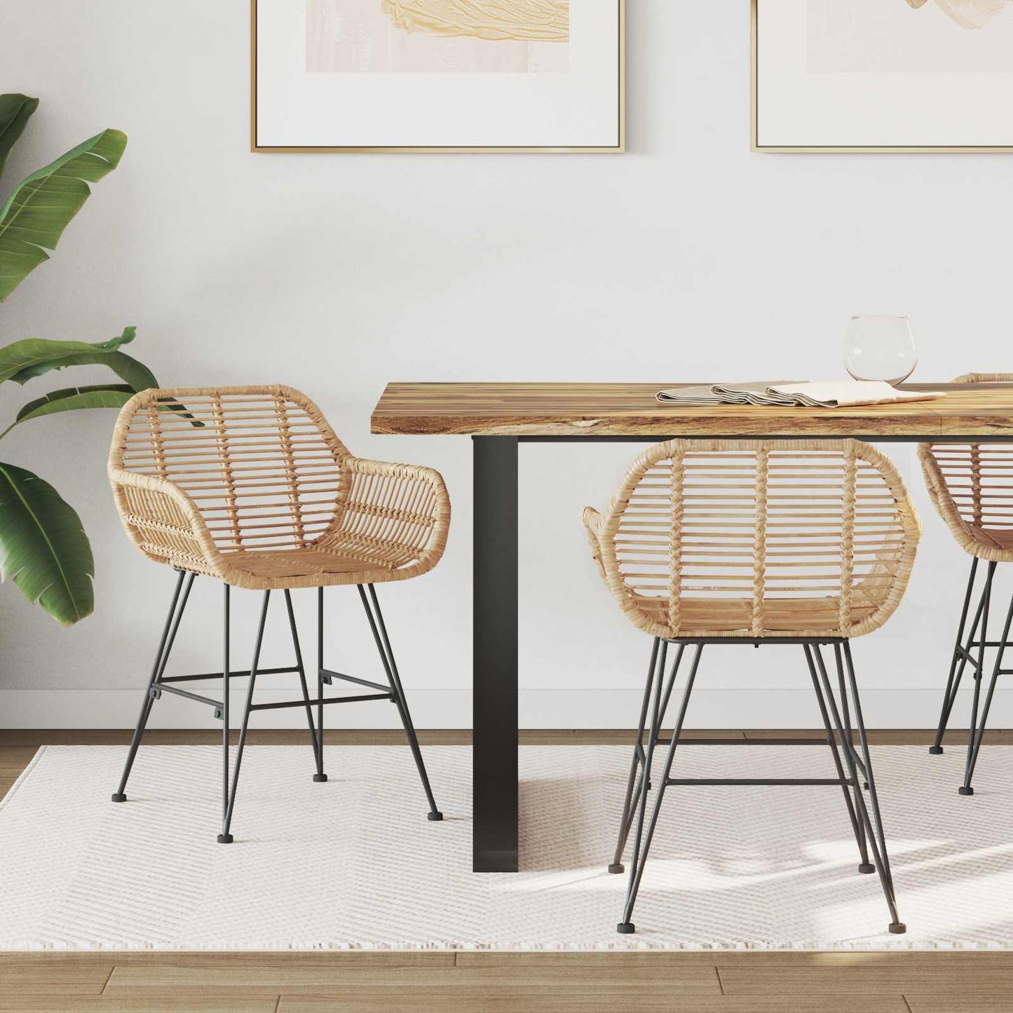 Sedia da pranzo 2 pcs Rattan e Ferro Naturale 55 x 50 x 74 cm