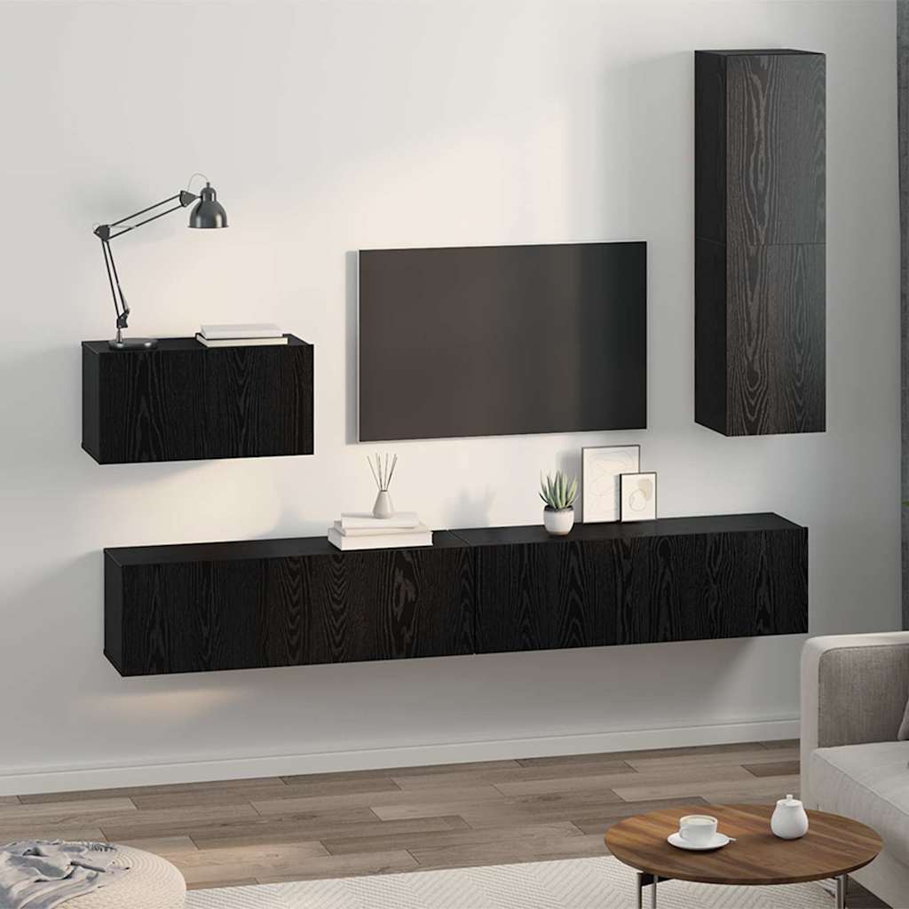 Mobile TV da Parete 4 pcs Rovere Nero Legno multistrato