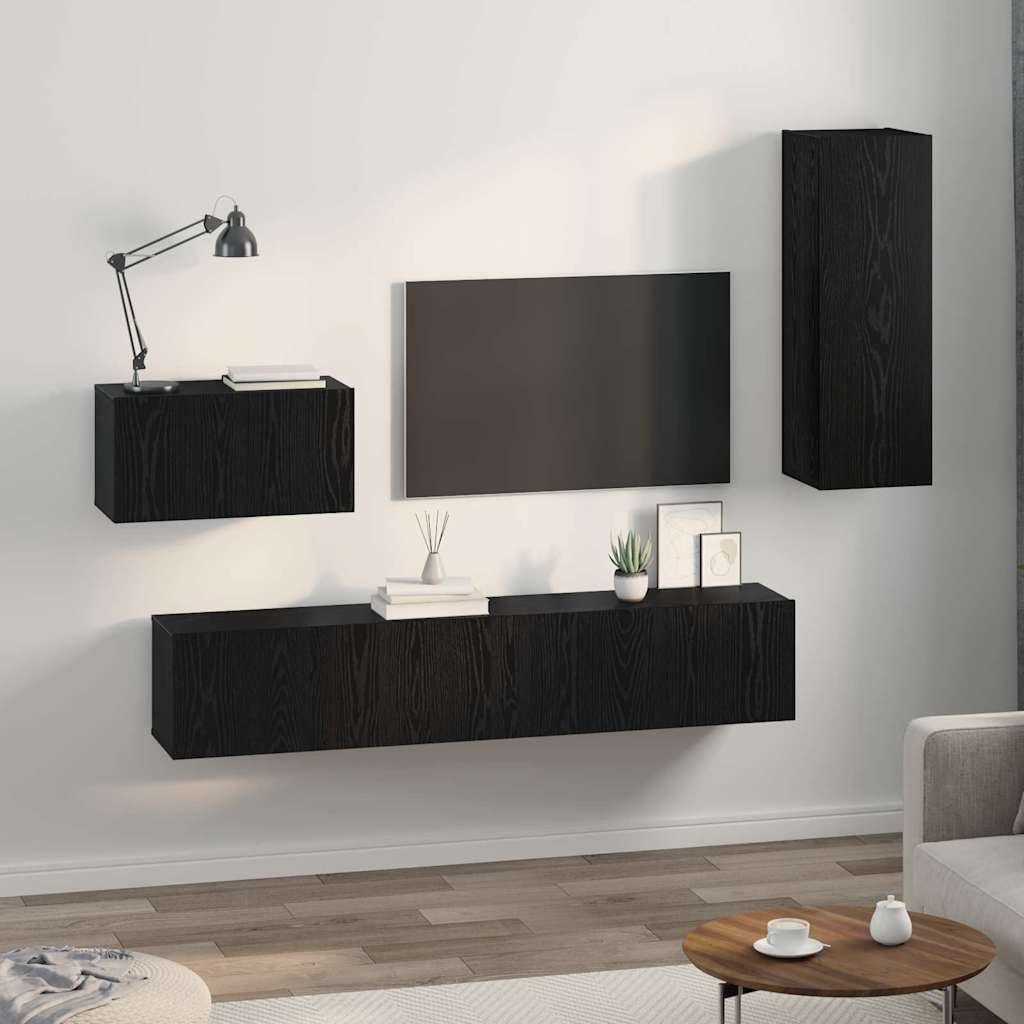 Mobile TV da Parete 4 pcs Rovere Nero Legno multistrato