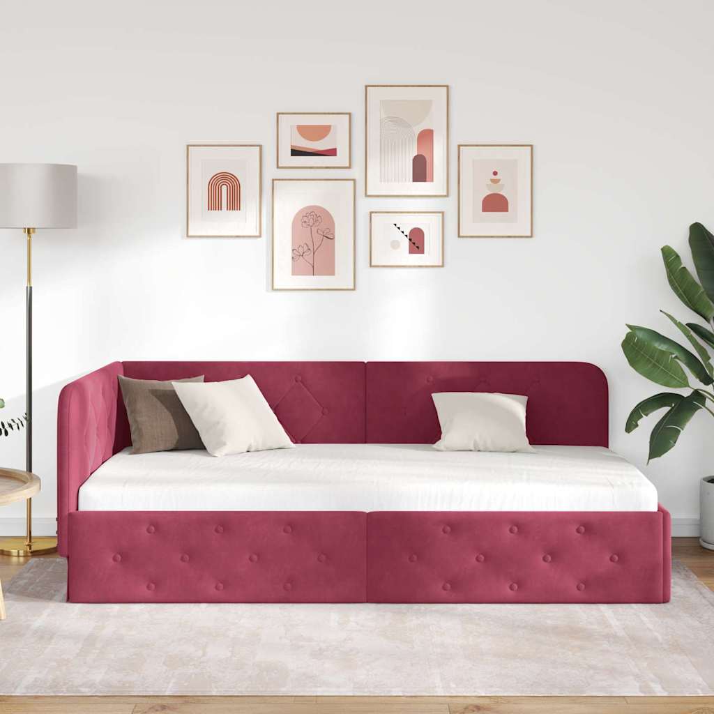 Cornice del letto ad angolo Rosso Vino 90 x 190 cm Velluto | homemem39
