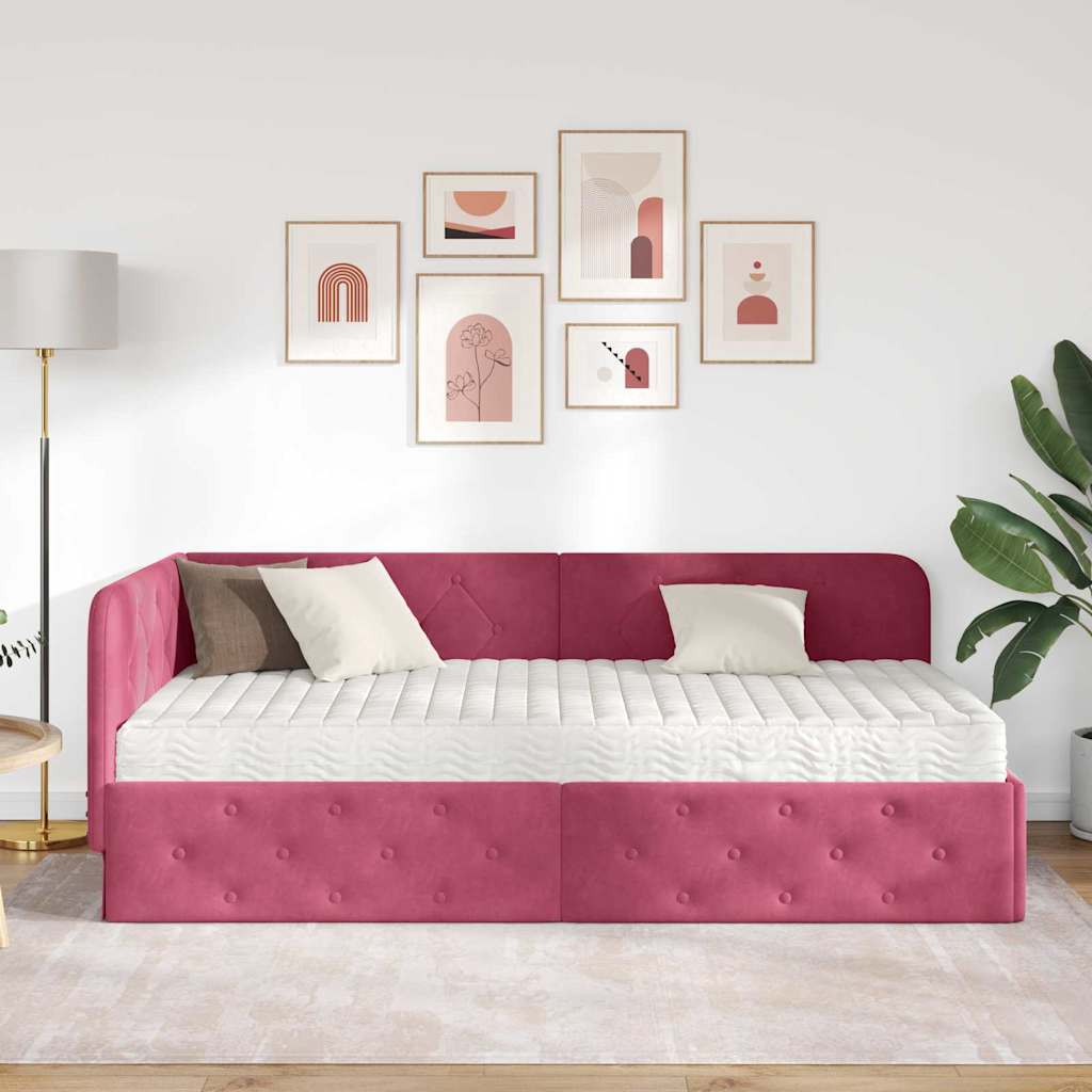 Cornice del letto ad angolo Rosso Vino 90 x 190 cm Velluto | homemem39