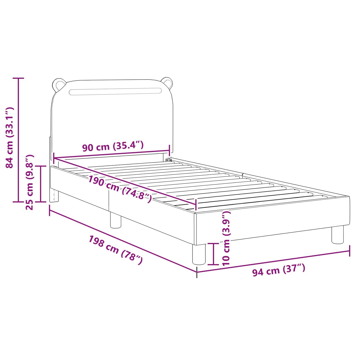 Struttura letto bambini con testata Nero 90 x 190 cm Tessuto