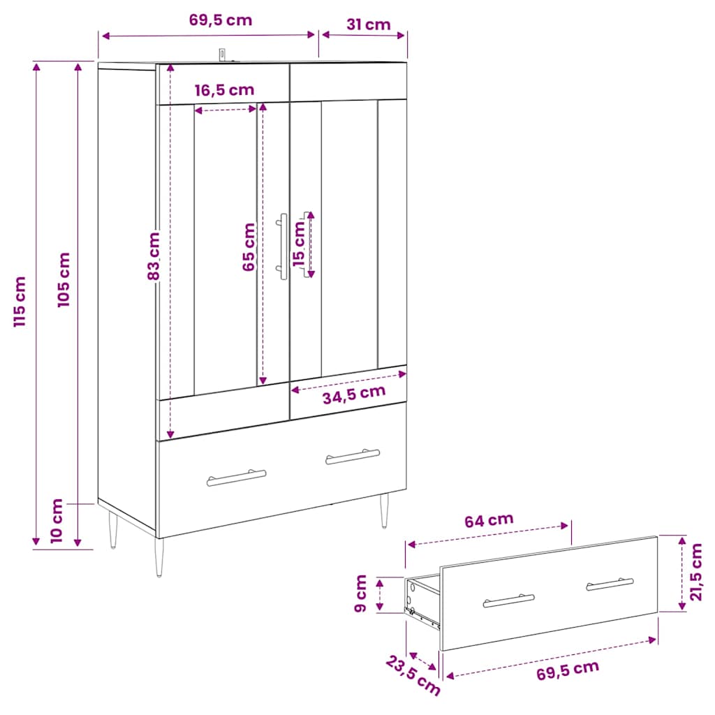 Credenza con cassetto Legno vecchio 69,5 x 31 x 115 cm