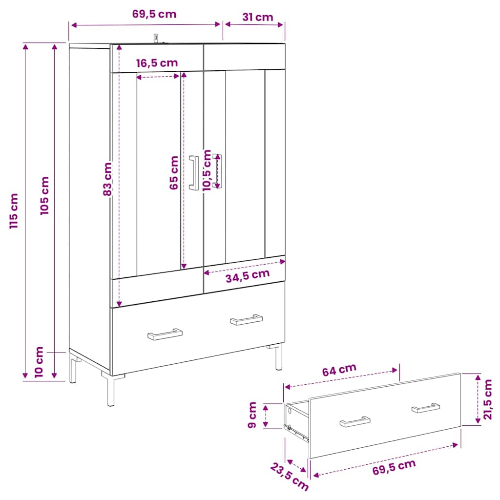 Credenza Rovere Nero 69,5 x 31 x 115 cm Legno multistrato