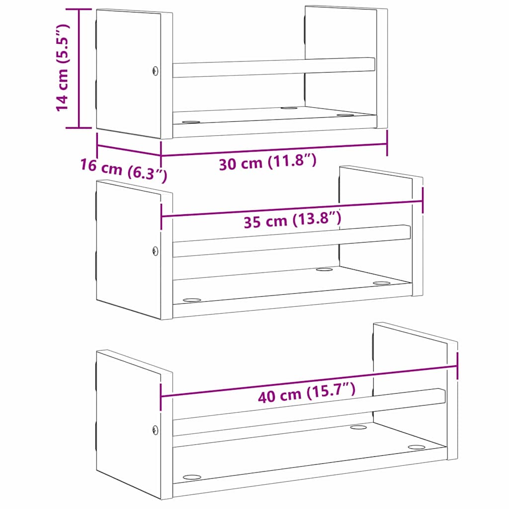 Set mensole da parete 3 pcs Rovere Nero 40x16x14cm | homemem39