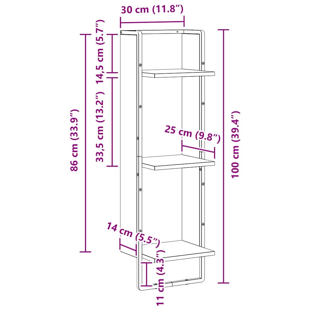Scaffale da parete con lo scaffale Rovere Nero 30 x 25 x 100 cm