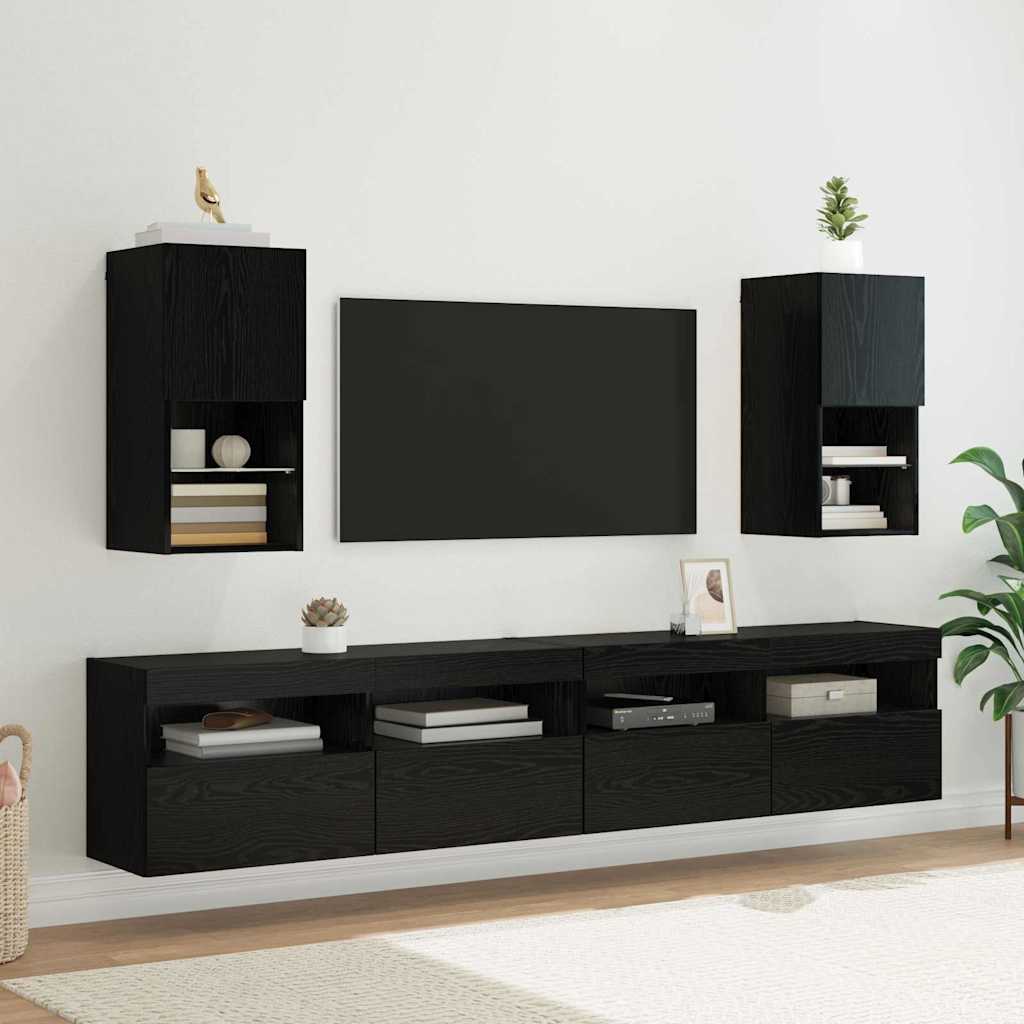 Mobile TV da Parete con LED Rovere Nero 30,5 x 30 x 60 cm