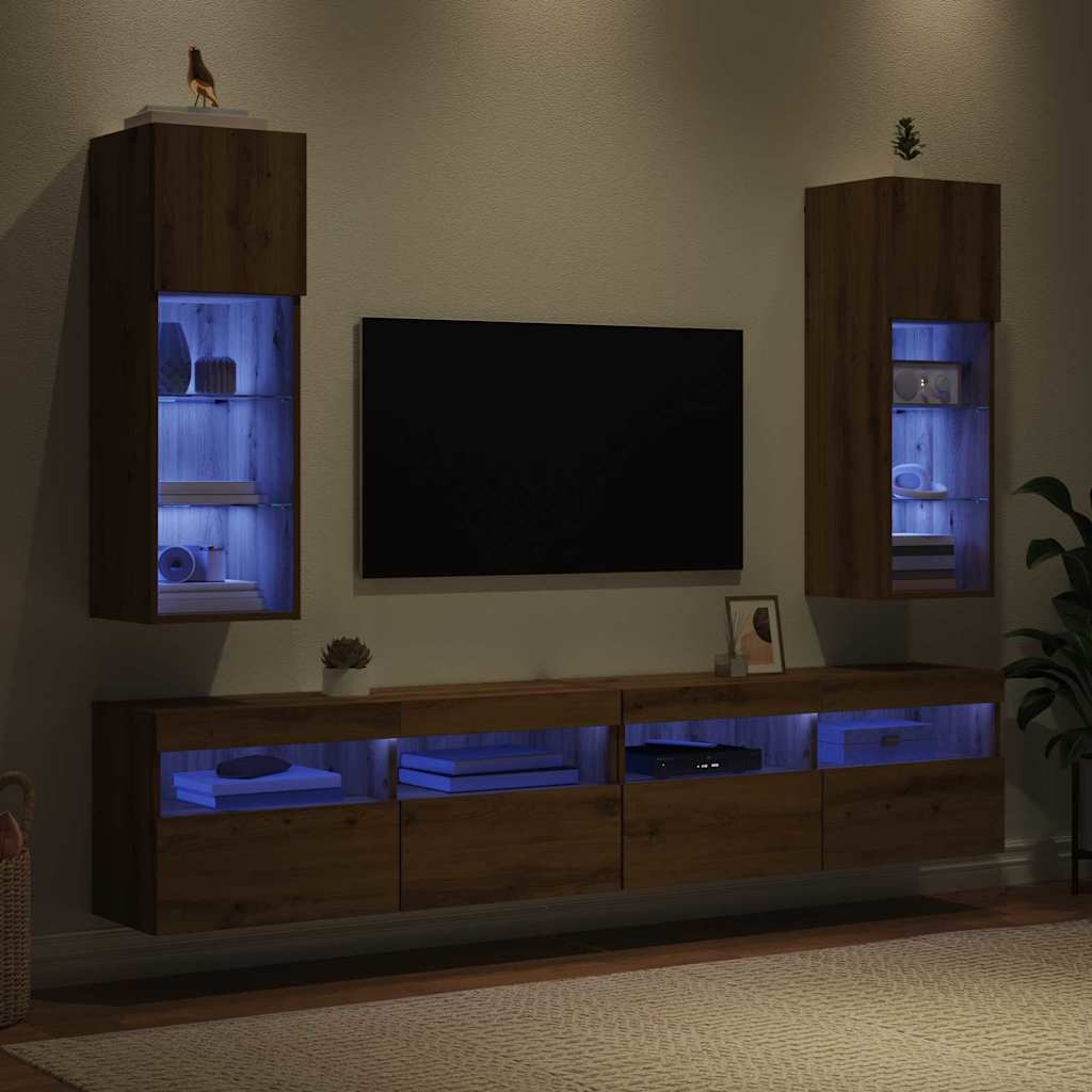Mobiletti TV a parete con LED 2 pcs Rovere artigianale