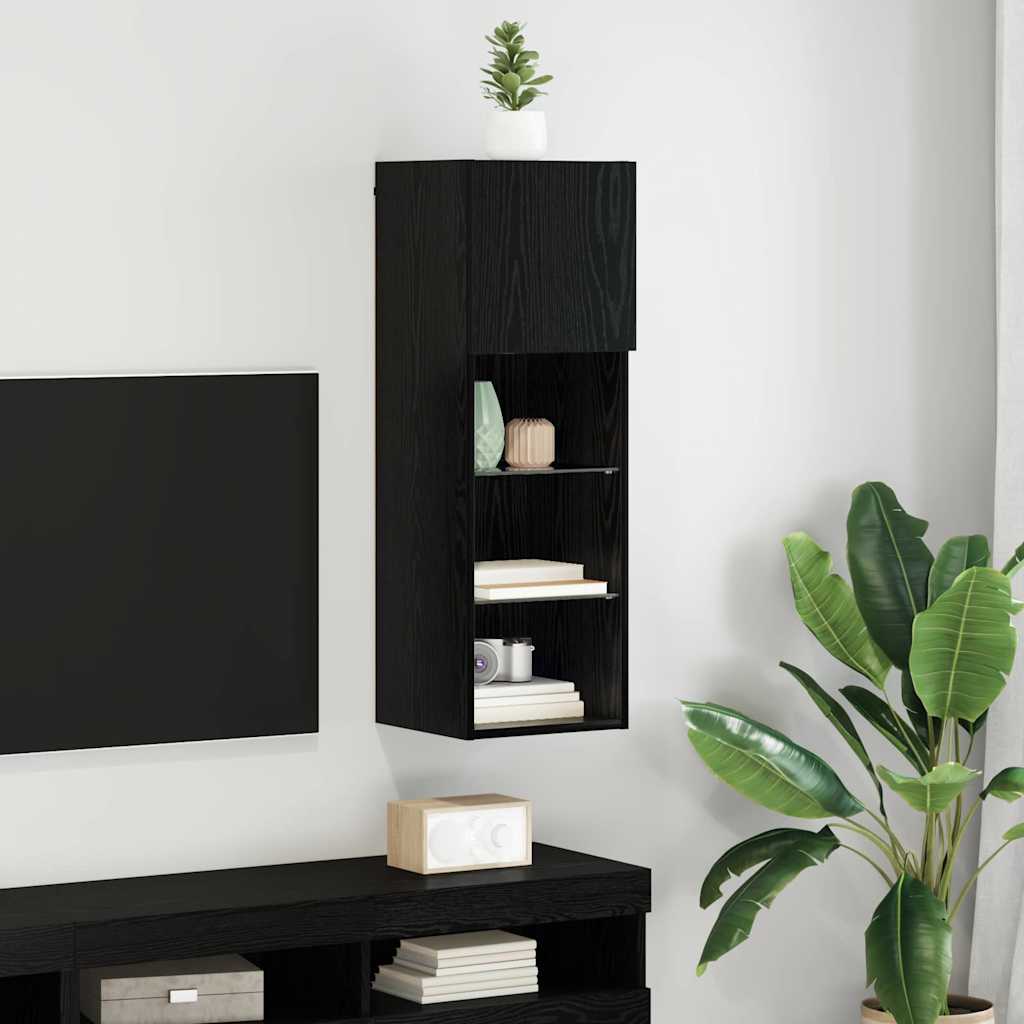 Mobile TV da Parete con LED Rovere Nero 30,5 x 30 x 90 cm