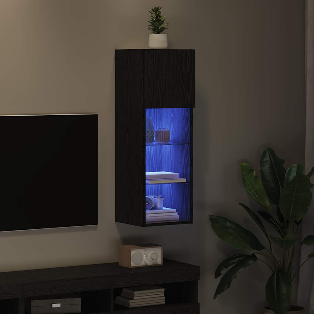 Mobile TV da Parete con LED Rovere Nero 30,5 x 30 x 90 cm