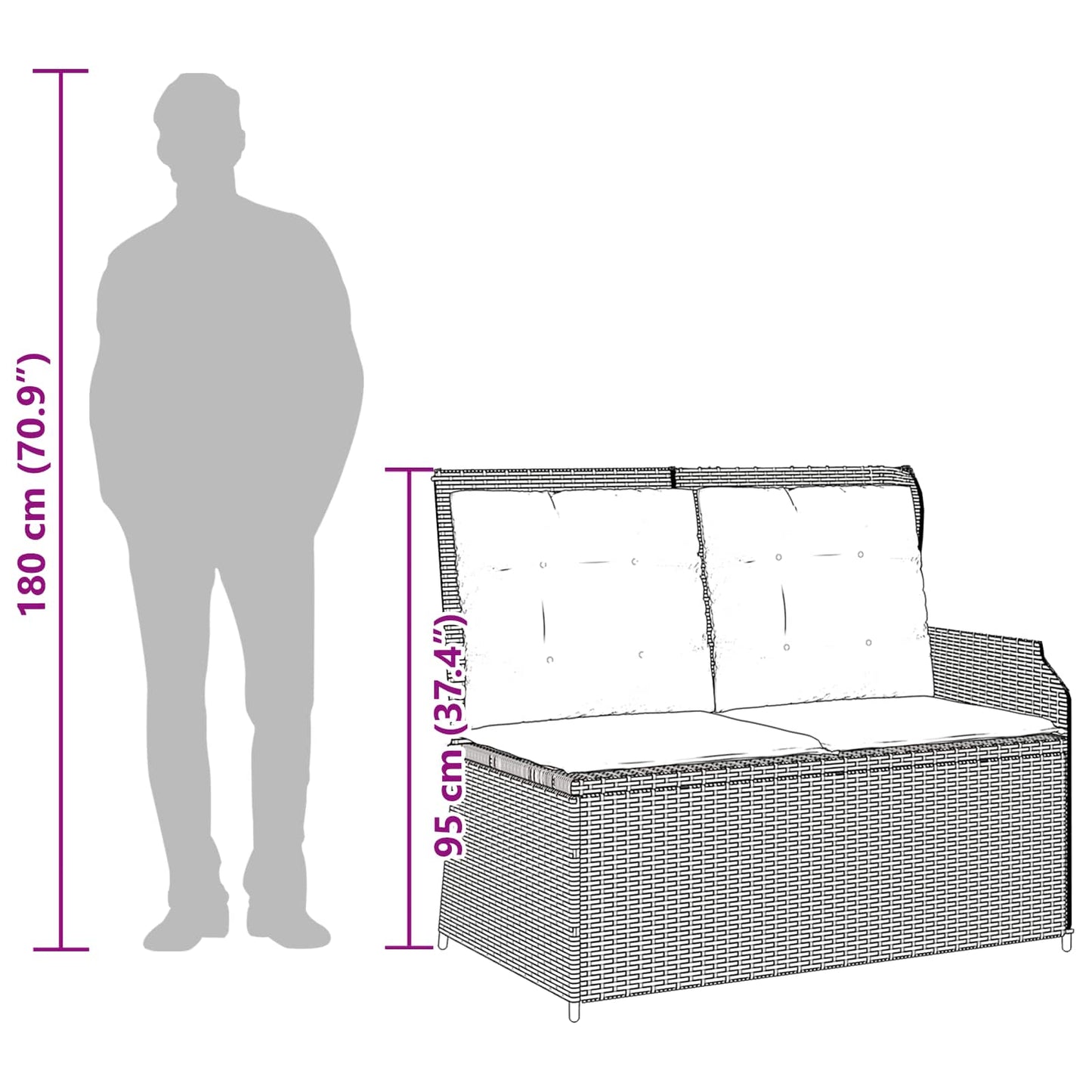 Panchina da giardino con cuscino Nero e Bianco Crema polyrattan | homemem39