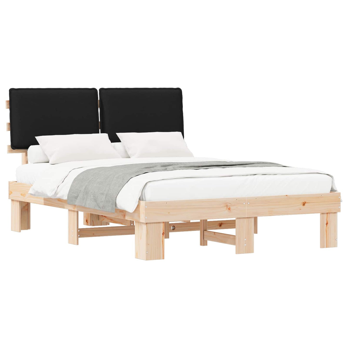 Letto con Testiera Rivestita Nero 135 x 190 cm Pino massello
