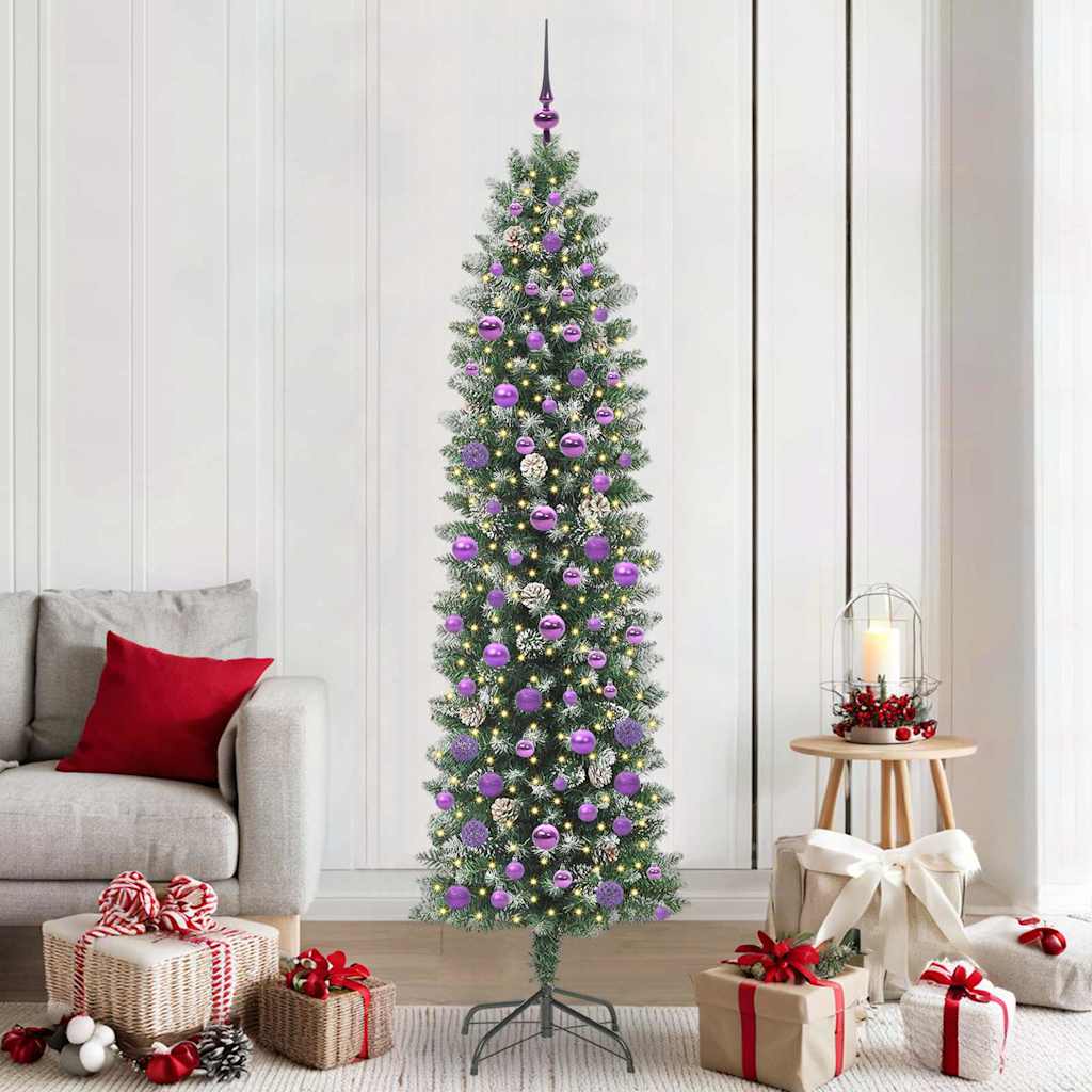 Albero di Natale Artificiale Sottile Verde e Bianco 210 cm
