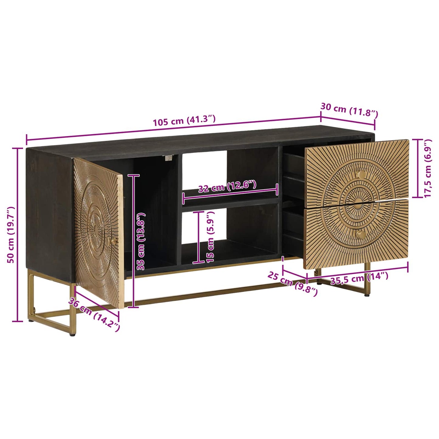 Mobile TV con cassetto con lo scaffale Ottone 105 x 30 x 50 cm | homemem39