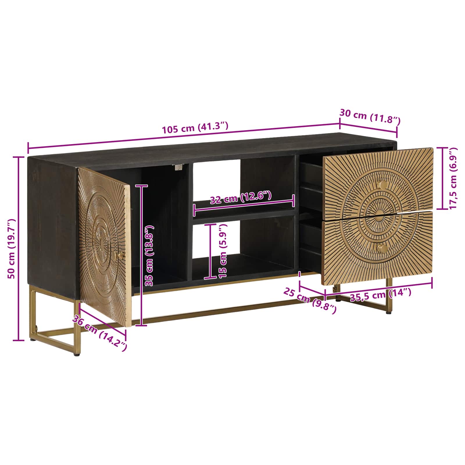 Mobile TV con cassetto con lo scaffale Ottone 105 x 30 x 50 cm | homemem39
