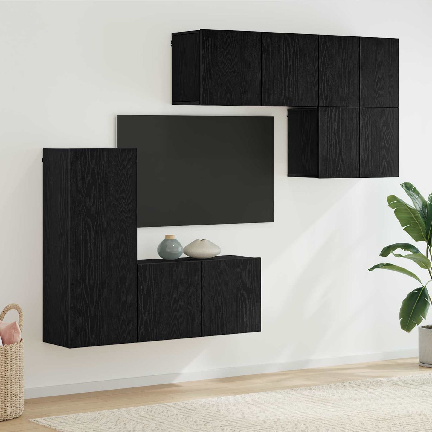 Unità TV da Parete 5 pz Rovere Nero Legno ingegnerizzato