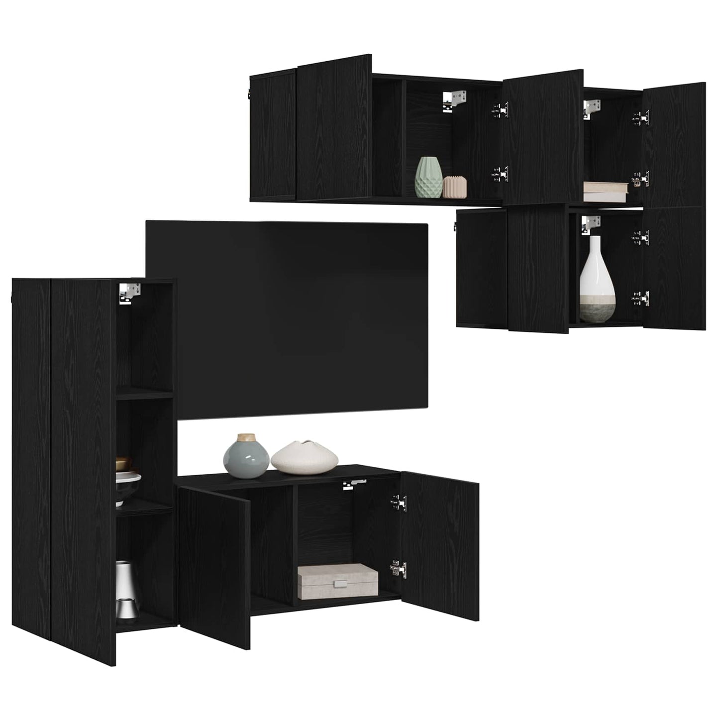 Unità TV da Parete 5 pz Rovere Nero Legno ingegnerizzato