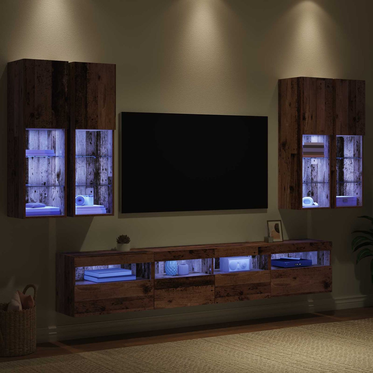 Set Mobile TV a Muro con Luci LED 7 pcs Legno vecchio