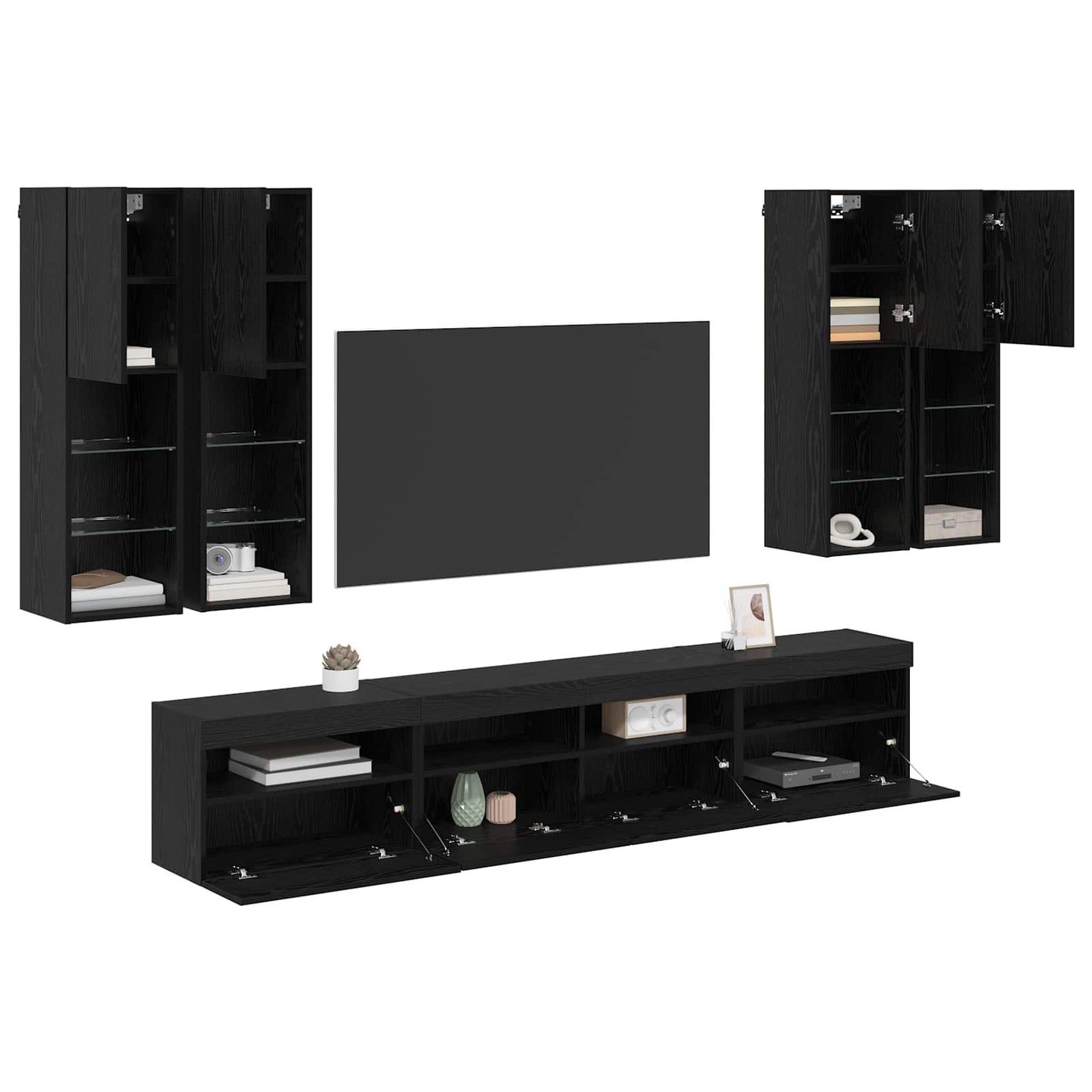 Set Mobile TV a Muro con Luci LED 7 pcs Rovere Nero