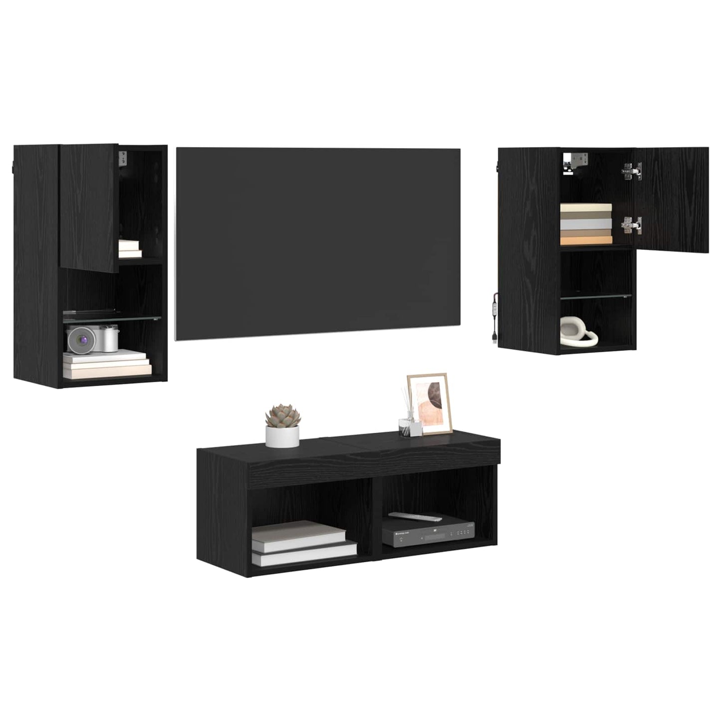 Mobiletti TV da Parete 4 pcs Rovere Nero Legno multistrato