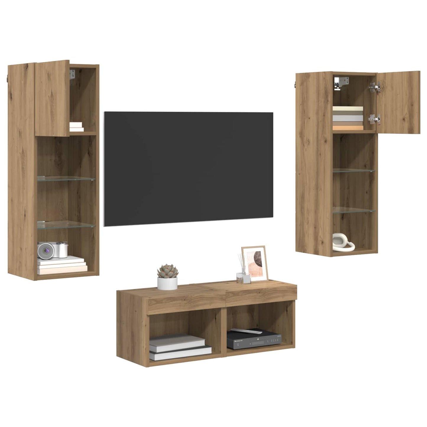 Mobiletti TV da Parete 4 pcs Rovere Nero Legno multistrato