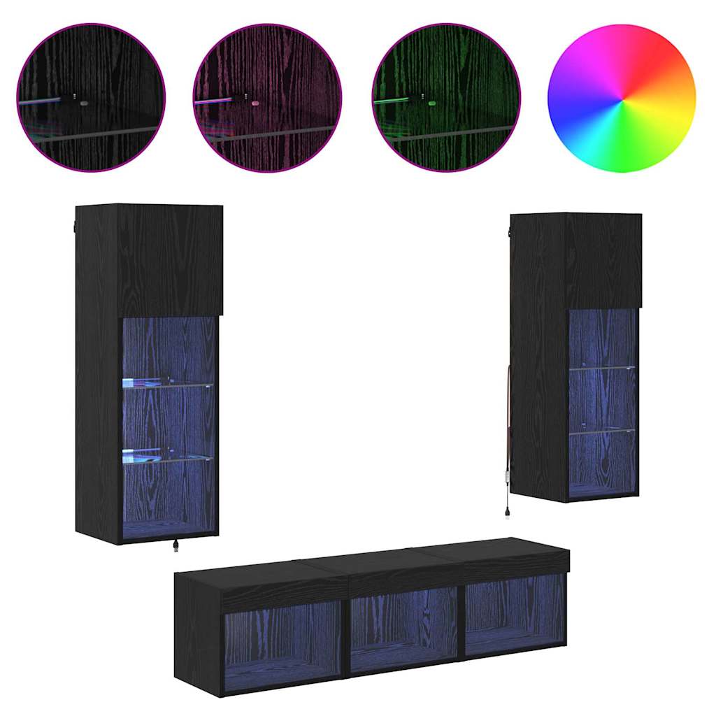 Unità per TV a Muro 5 pcs Rovere Nero Legno multistrato
