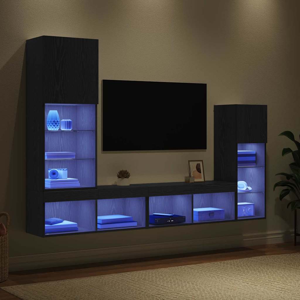 Unità per TV a Muro 4 pcs Rovere Nero Legno multistrato