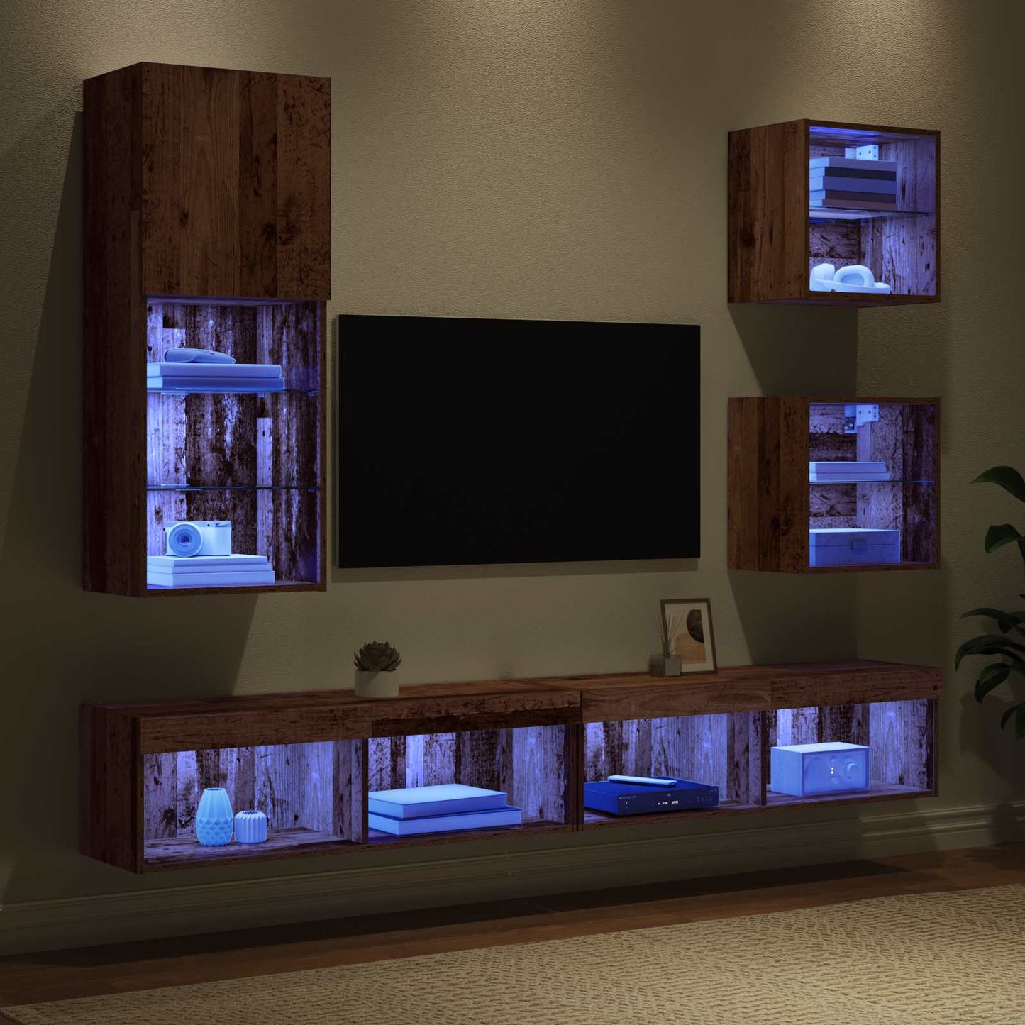 Unità a muro per TV con LED 5 pcs Legno vecchio Legno multistrato